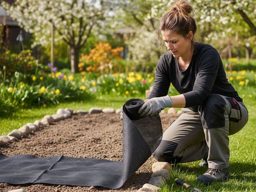 Klečící zahradnice rozbaluje černou netkanou textilii při zakládání nového zahradního záhonu.